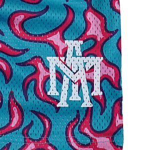 MTA Full-Print Flame Mesh Shorts - Bule/Peach